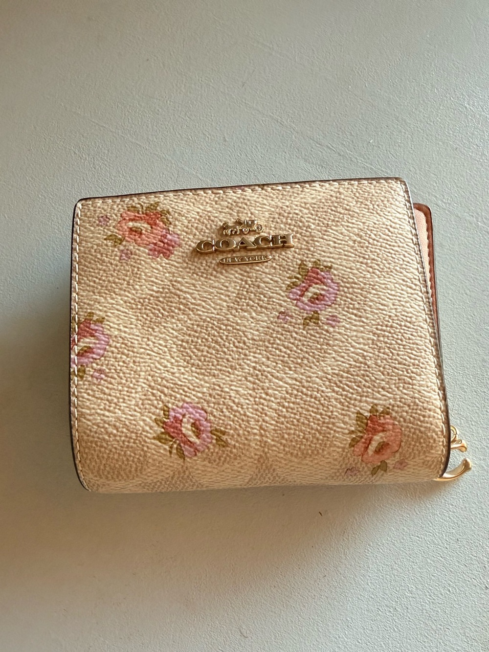 Coach Pink Floral Pebble Leather Compact Wallet with Gold Logo